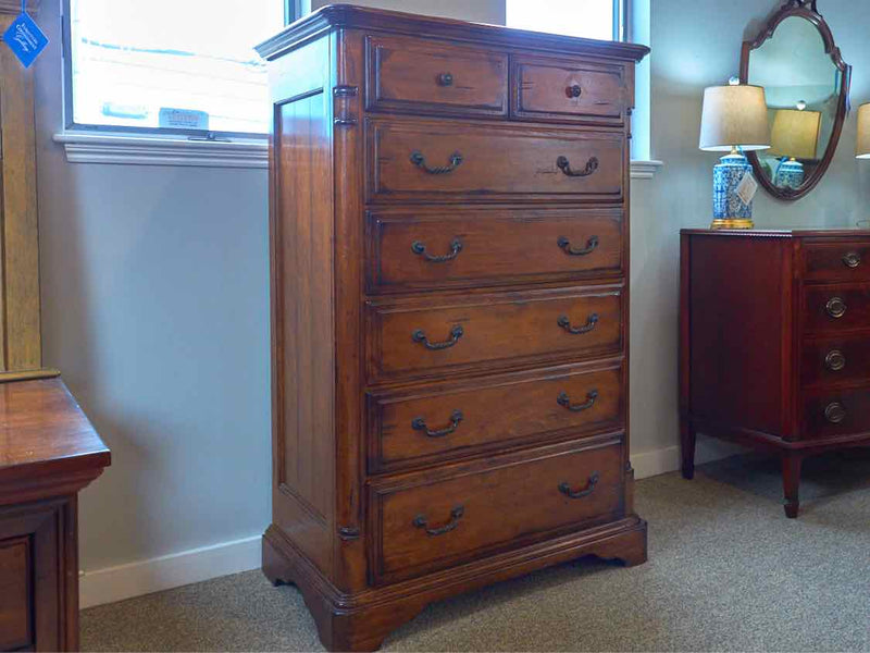 Distressed Maple 7 Drawer Chest with Ornate Pulls