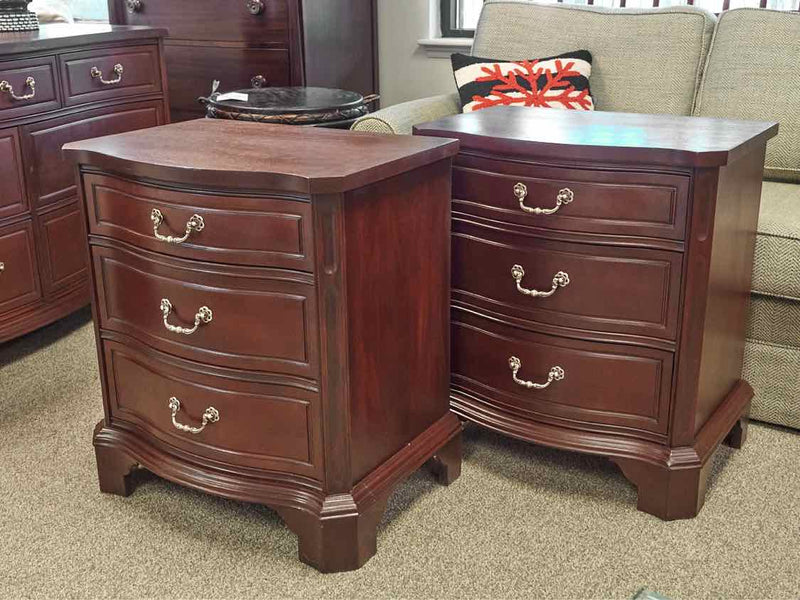 Pair of Mahogany Serpentine 3 Drawer Nightstands with Ornate Handles