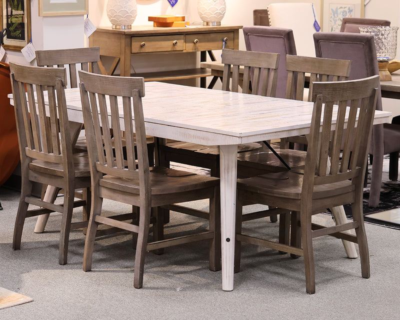 Modern Rustic Leg Dining Table with Leaf in White & Set of 6 Grey Chairs