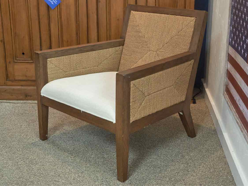 Jute Weave & Wood Trim Arm Chair with White Upholstered Seat