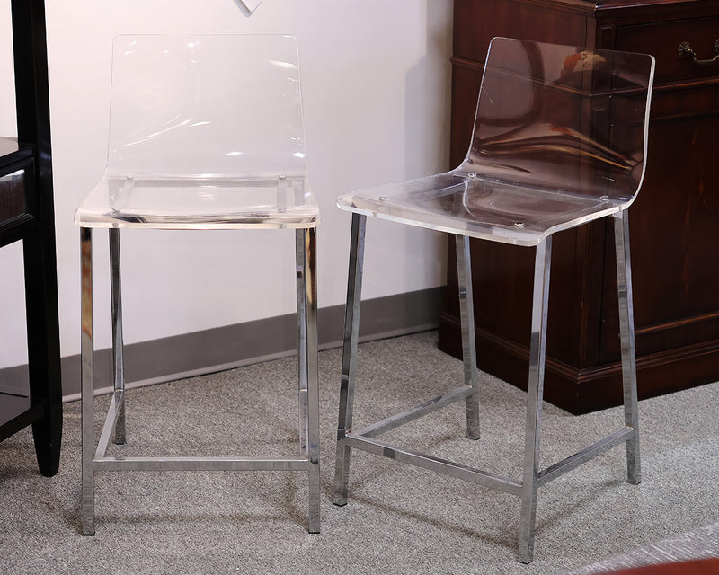 Pair of CB2 Counter Stools in Acrylic & Chrome