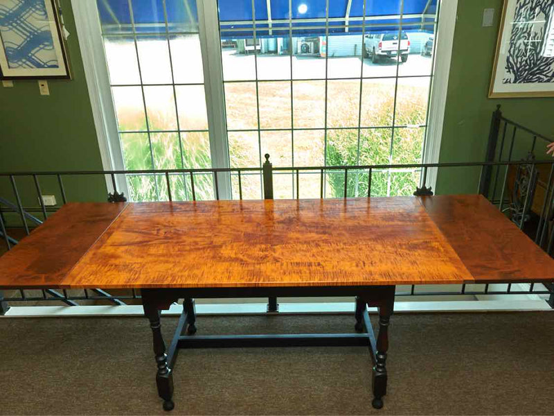 Tiger Maple Top Black Turned Legs 2 14" Leaves Dining Table