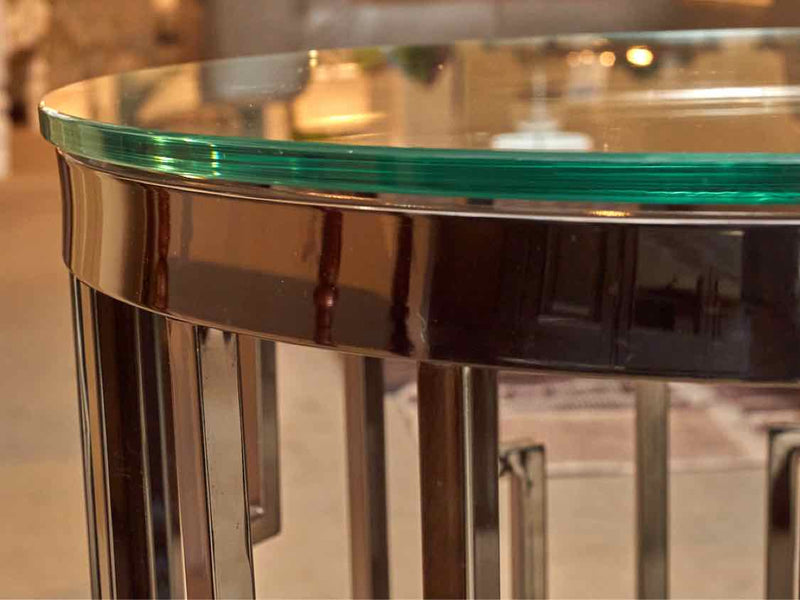 Pair Of  Round Contemporary Polished Nickel Glass Top Side Tables