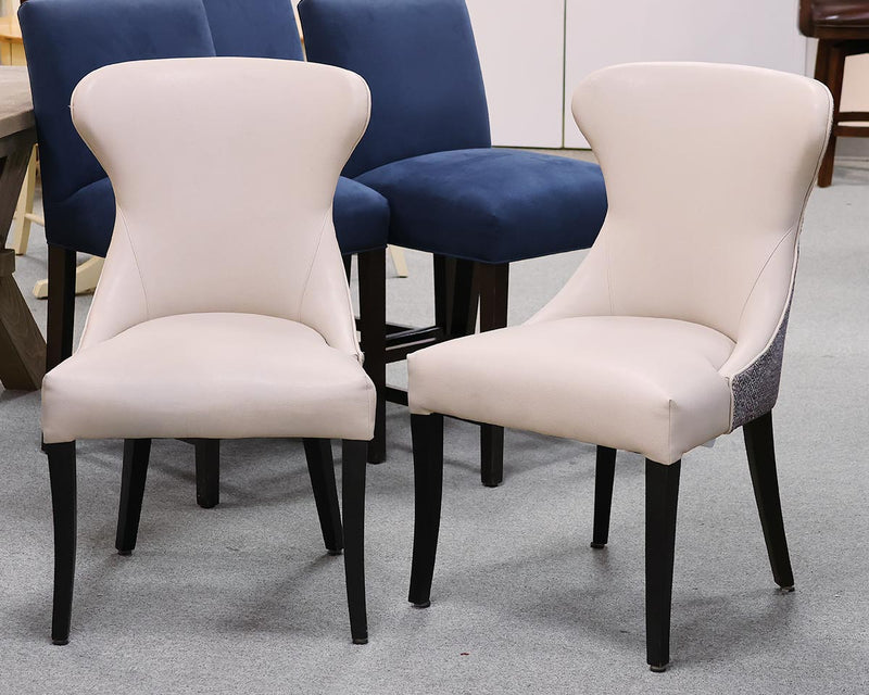 Pair of Lee Custom Side  Dining Chairs in Beige Leather & Upholstery Backs