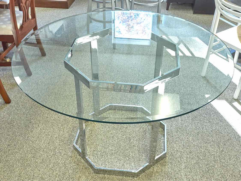 Round Glass Dining Table with Sliver Metal Octagon Base