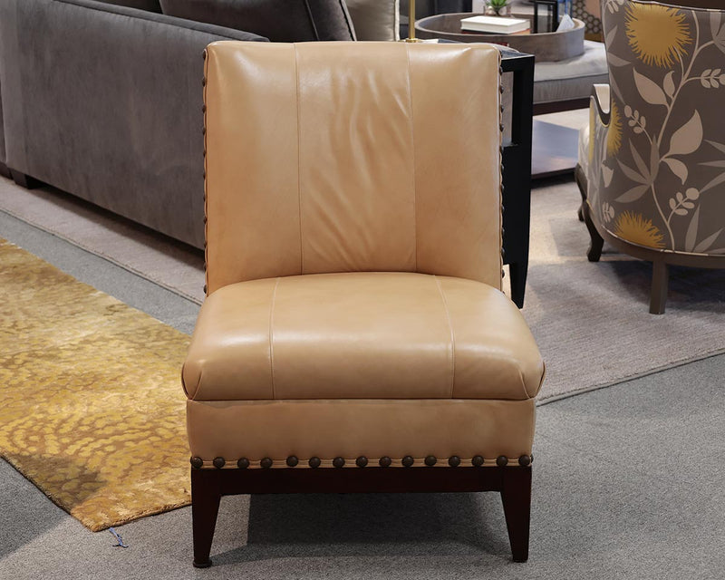 Drexel Heritage Tan Sauvage Leather Armless Chair with Bronze Nailhead Trim