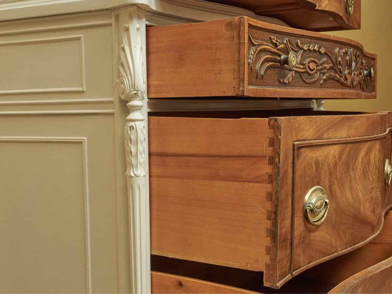 White Finish 3 Over 3 Drawer Chest with Burled Wood Drawer Fronts