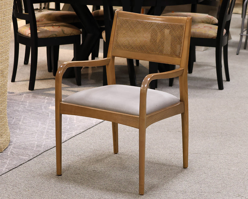 Oak Arm Chair with Cain Back & Gray Leather Seat