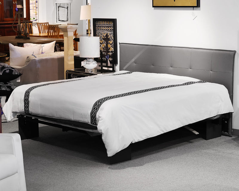 Bo Concept King Bed with Grey Leather Biscuit-Stitched Headboard