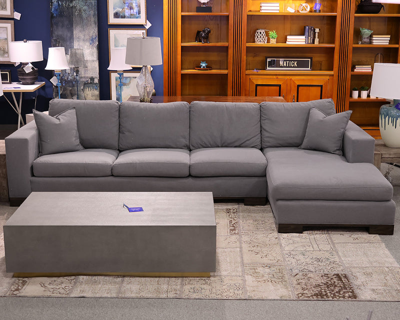 3 seat Sectional w/Chaise, Track Arms in Silver Grey Woven Fabric. 2  Pillows