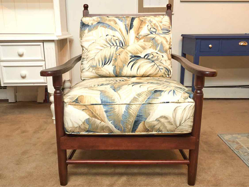 Miles Talbott  Woven Back Wood Arm Chair With Custom Upholstery & Toss Pillows