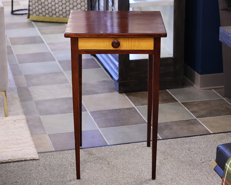 Brown Mahogany Side Table with Tiger Maple Inlay on Drawer Front