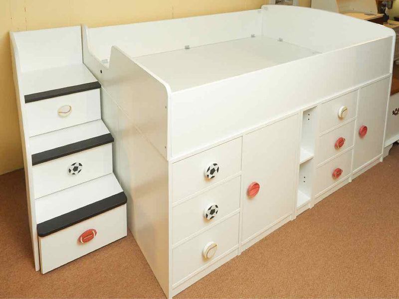 White Finish 9 Drawer 2 Door Sport Motif  Knobs Full  Storage Bed with Stairs