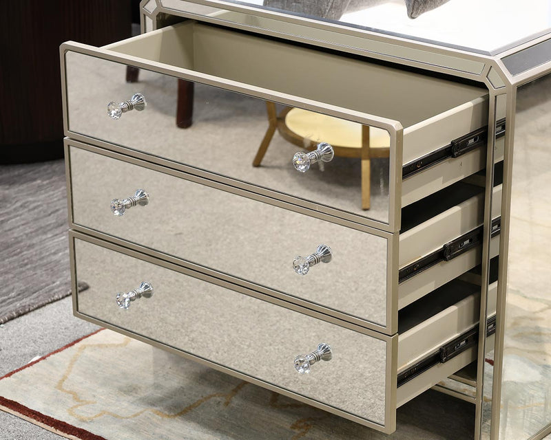 Pair of Mirrored 3 Drawer Nightstands with Crystal  Knobs