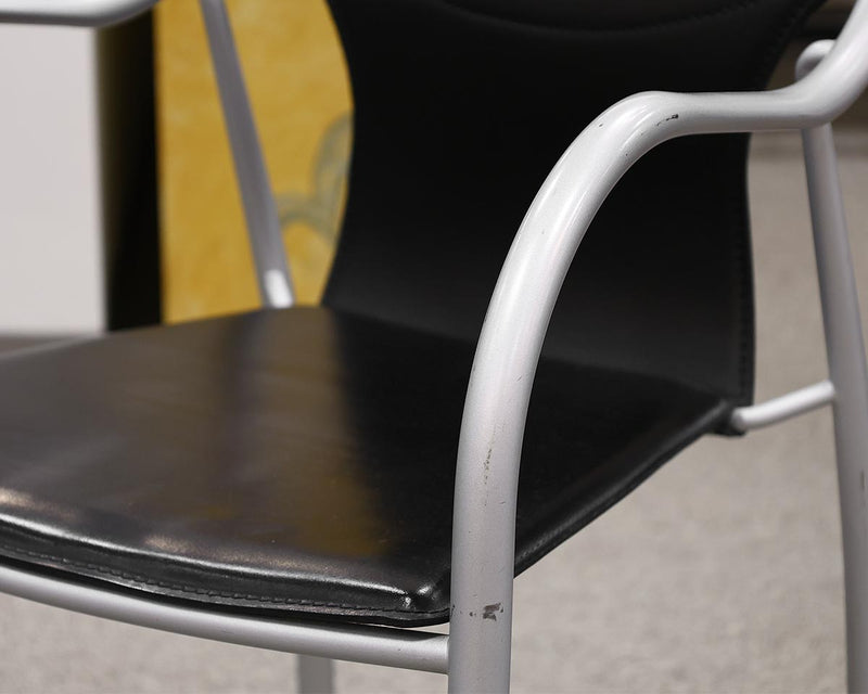 Dining Arm Chair in Black Leather on Brushed Chrome Frame