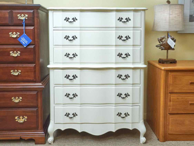 Off White Finish 3 Over 3 Drawer Ornate Metal Handles  Chest