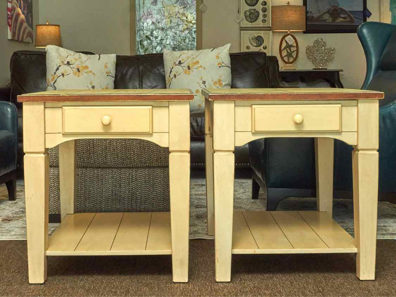 Pair Of Stained Top 'Antique Cream' Finish 1 Drawer/Shelf Side Tables