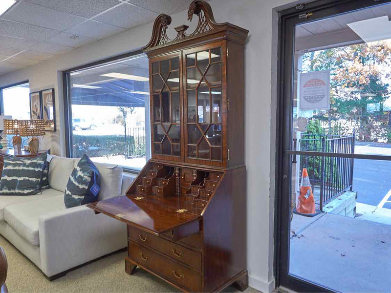 Inlaid Mahogany Carved Secretary Desk with Brass Pulls