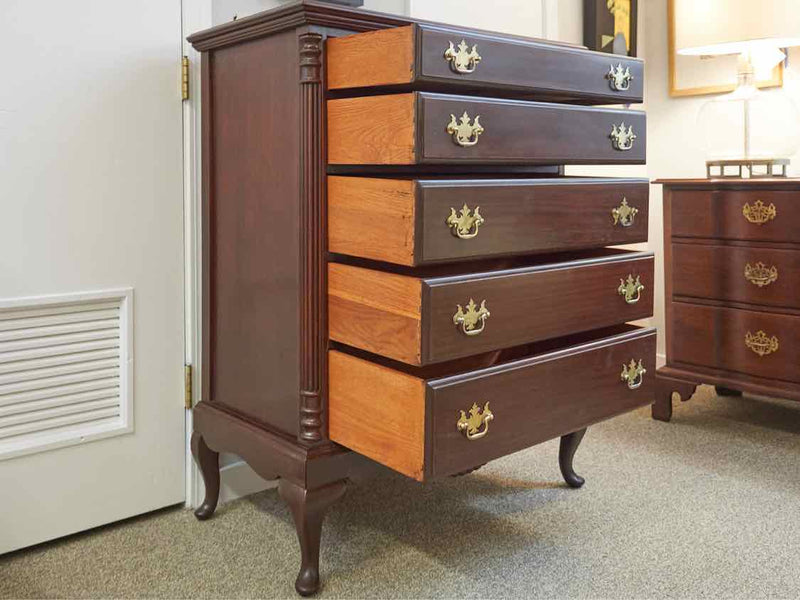 Mahogany 5 Drawer Chest with Column Ssides & Chippendale Brass Hardware