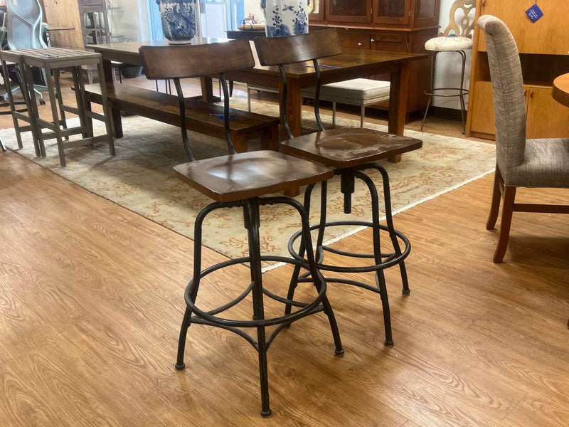 Pair of Industrial Wood and Metal Stools