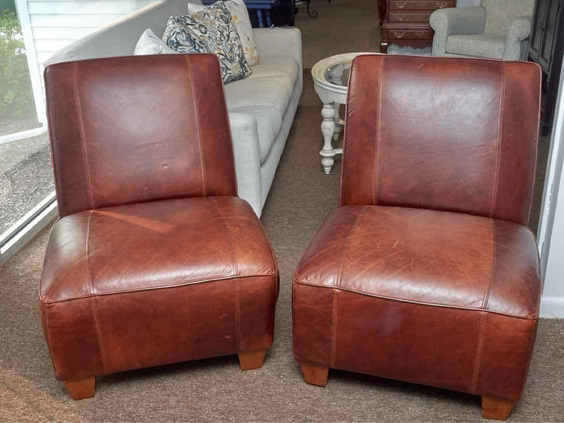 Pair Of Coco Brown Leather Armless Chairs