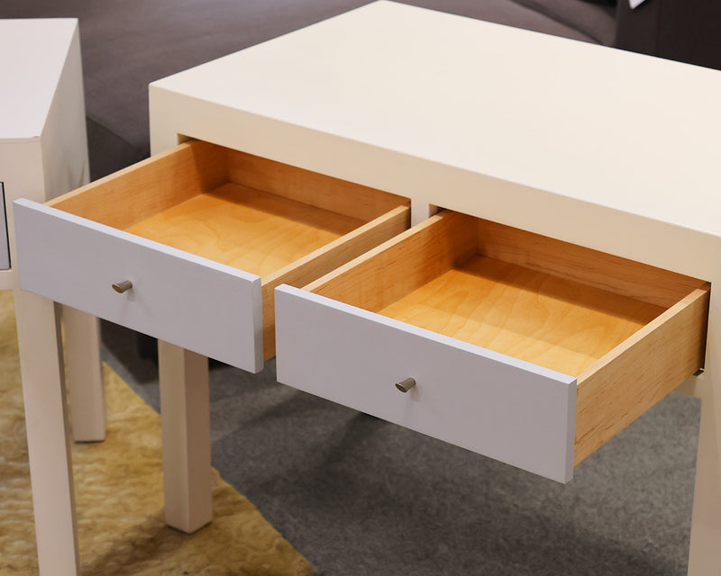 Pair of Custom Bedside Tables in Off-White with Pale Blue Drawerfronts