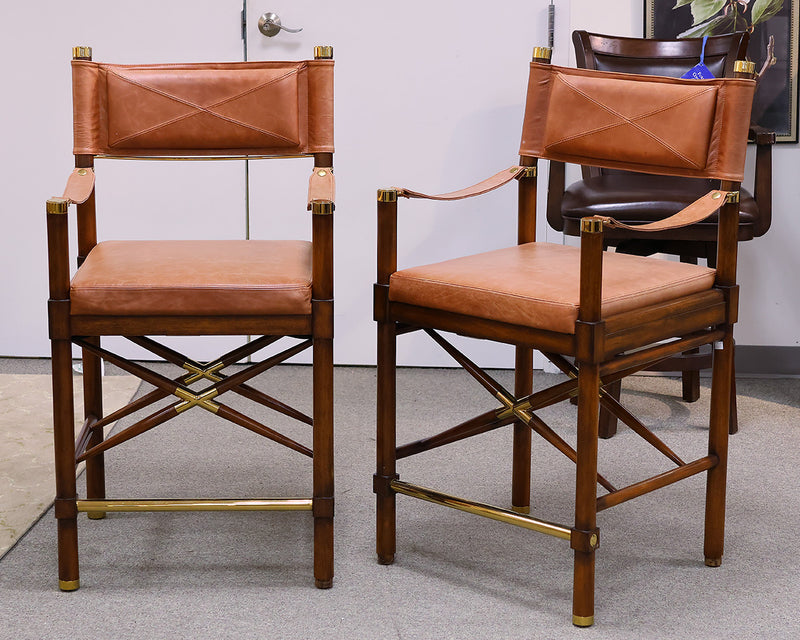 Pair of Frontgate Borneo Counter Stools in Brown Leather, Wood and Brass