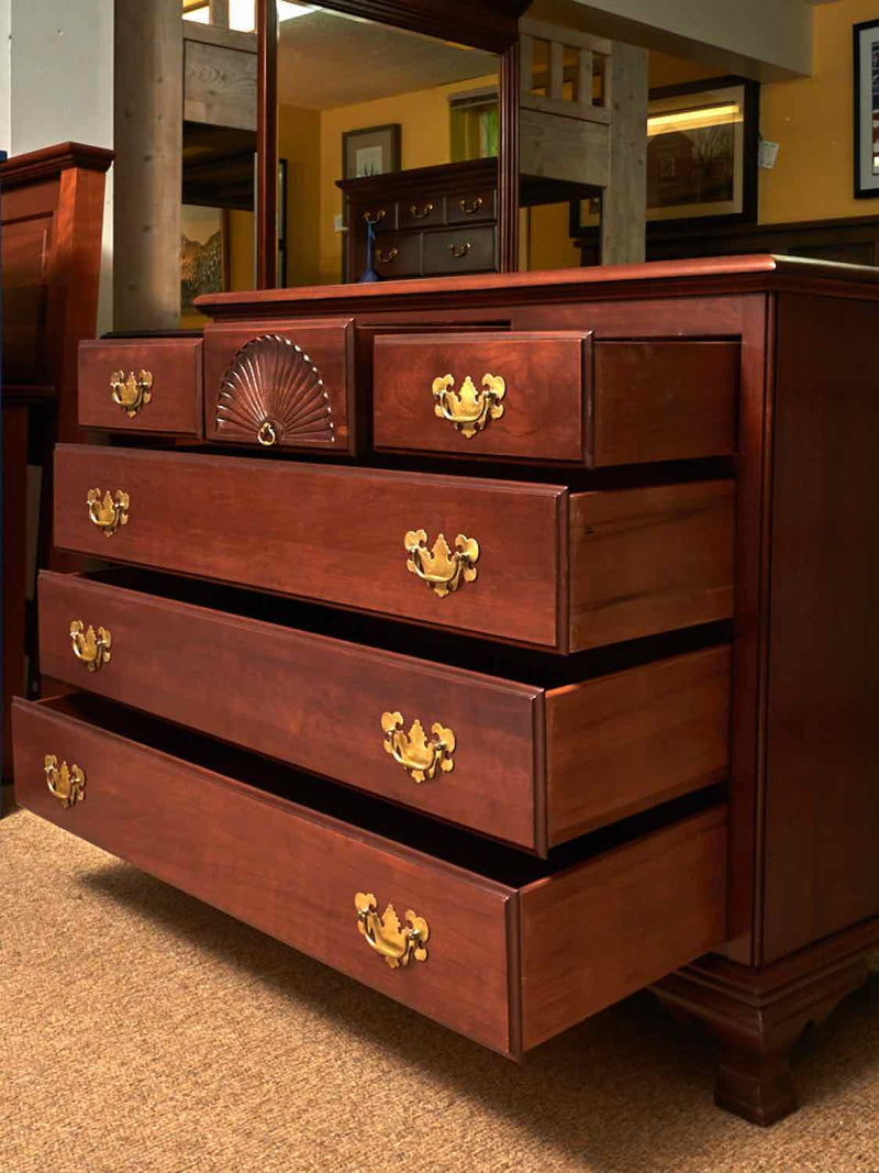 Solid Cherry 3 Over 3 Drawer Chest with Carved Fan Accent