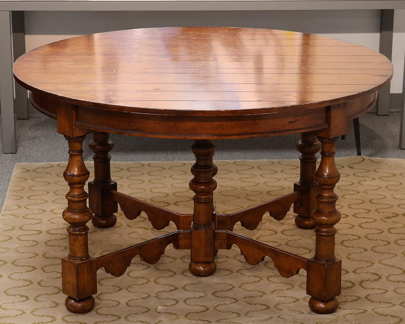 Pierre Deux Round Plank Top  Dining Table with Turned Legs & Trestle Base