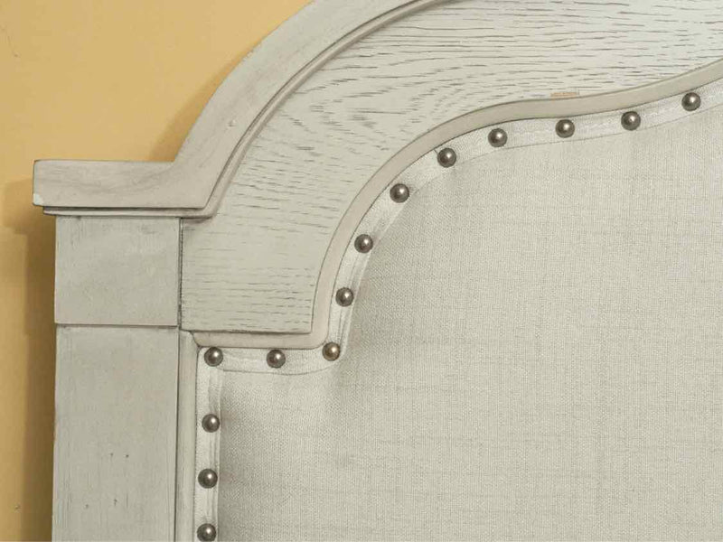 Legacy Classic Upholstered Arched White Washed Queen Bed With Bench 2 Drawers