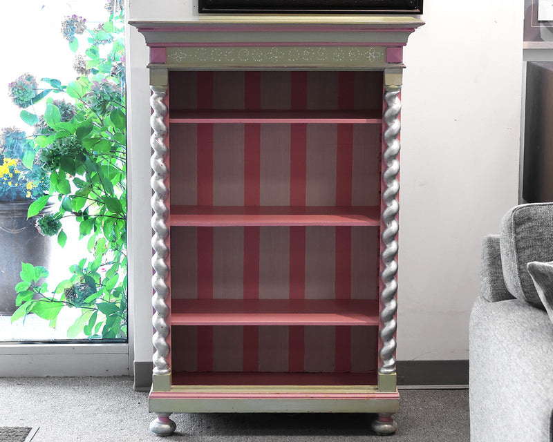 Chartreuse Green & Pink Finish  Bookcase with Silver Rolled Columns