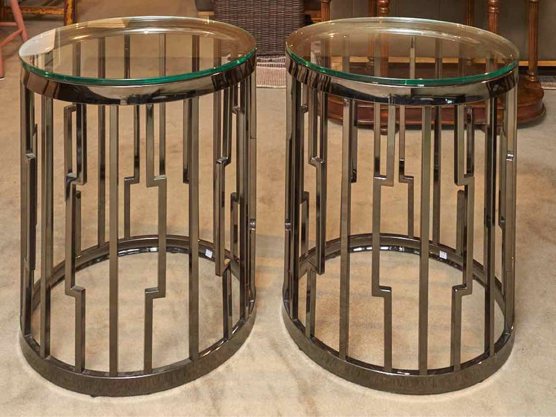 Pair Of  Round Contemporary Polished Nickel Glass Top Side Tables