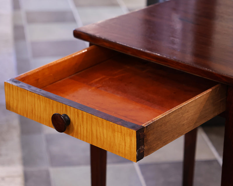 Brown Mahogany Side Table with Tiger Maple Inlay on Drawer Front