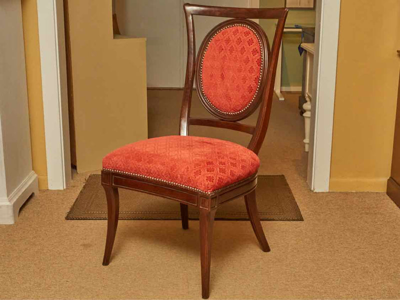 Set of 8 Antique Walnut Finish Dining Chairs with Red Upholstery