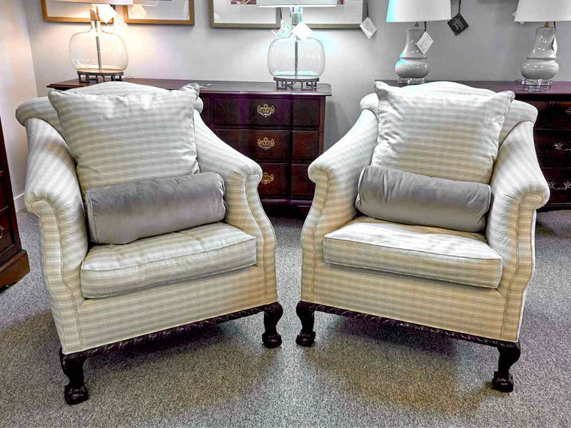 Pair of Beige Check Upholstered Chairs with Feather & Down Seat Cushions