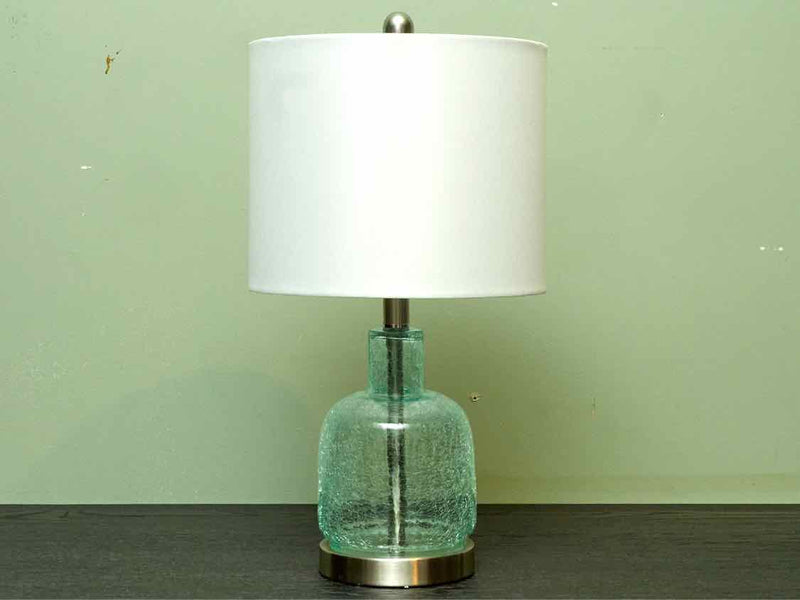 Green Cracklel Glass &  Metal With Linen Shade Table Lamp