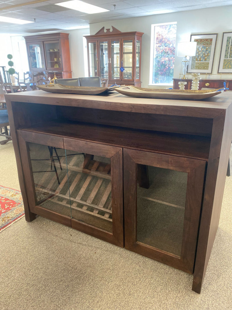 Teak Dark Stain Live Edge Bar with 3 Glass Doors & Open Storage Space