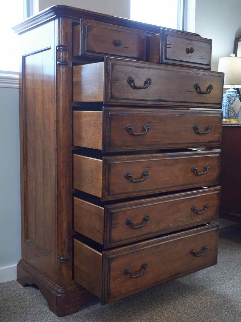 Distressed Maple 7 Drawer Chest with Ornate Pulls