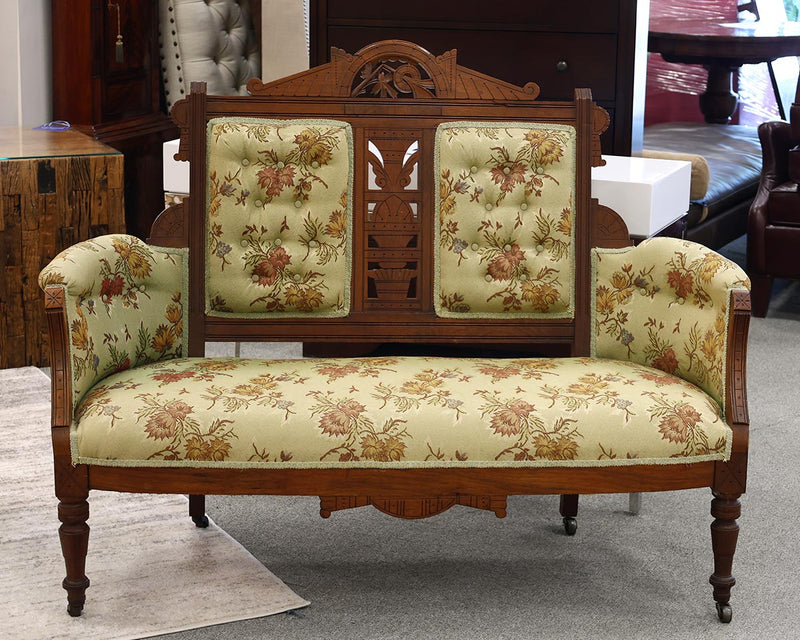 Eastlake Carved Mahogany Loveseat with Sage & Rust Floral Upholstery