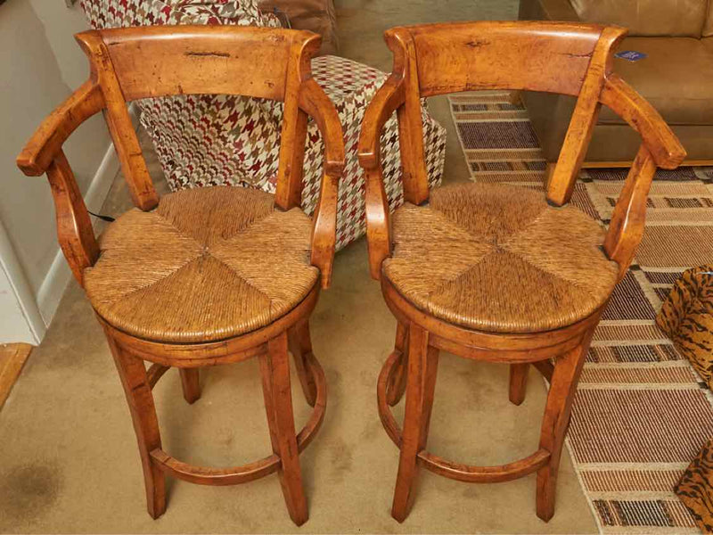 Pair Of Frontgate Swivel  Alderwood Rush Seat  Bar Stools