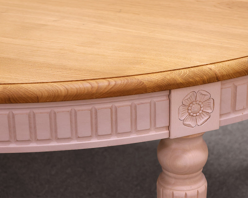 71" Round Bali Dining Table with Oak Top on Carved White Finish Base