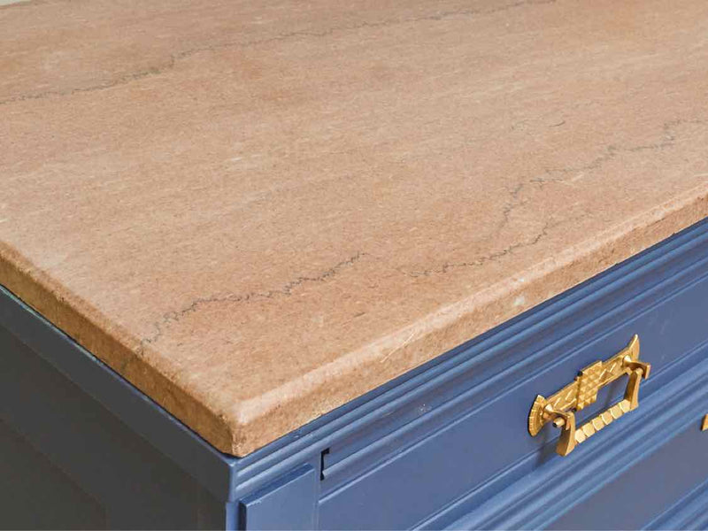 Pink Granite Top 'Delphinium Blue' 4 Drawer Solid Brass Handles Chest