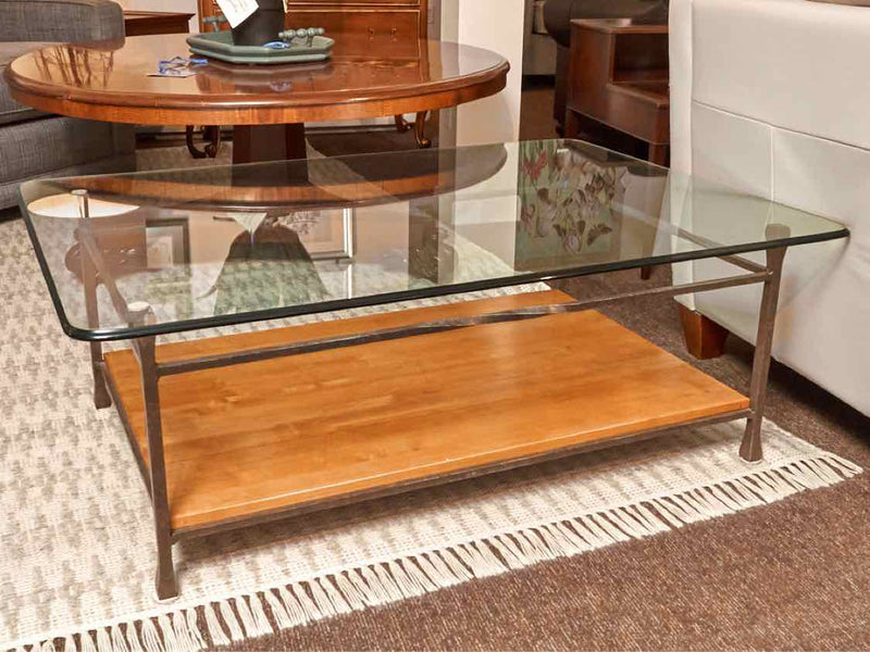 Rounded Edged Glass Top  Metal Base With Ash Plank Shelf Cocktail Table