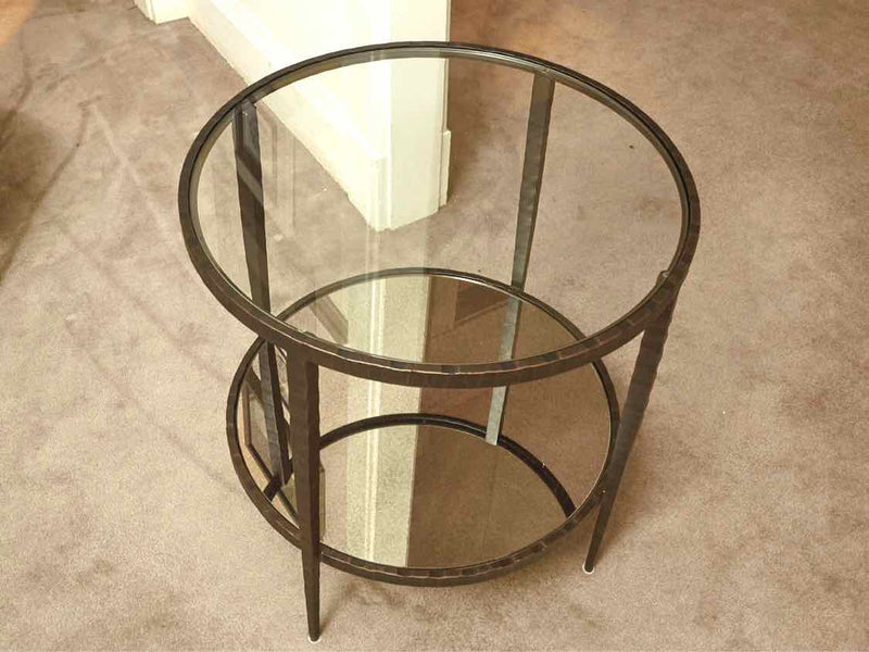 Pair Of Crate & Barrel 'Clairmont' Glass Top Forged Metal Side Tables