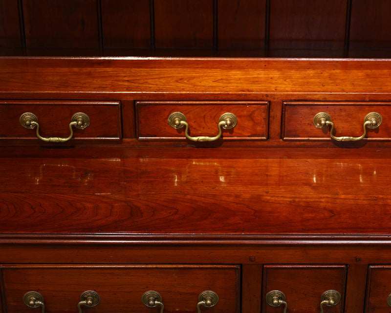 English Vintage Step Back Hutch in Mahogany with Pierced Apron and Lower Shelf