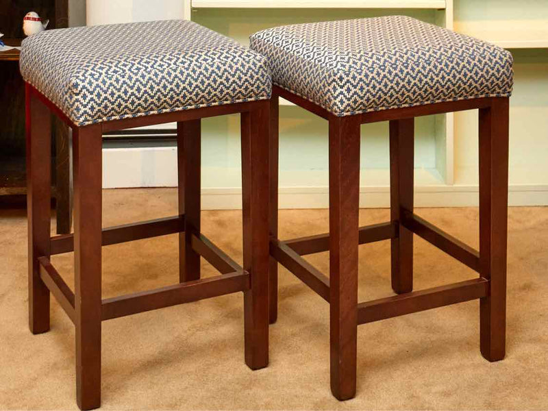 Pair Of Bermex Espresso Legs Blue & White Upholstered  Counter Stools