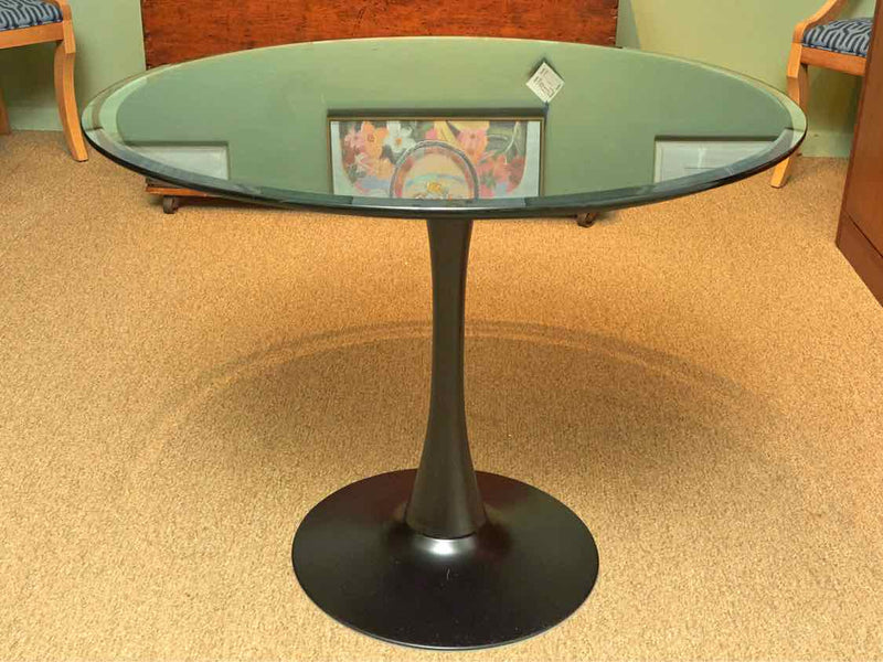 CB2  Bevel Glass Black Pedestal  Top Dining Table