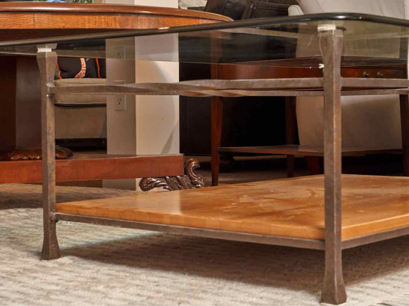 Rounded Edged Glass Top  Metal Base With Ash Plank Shelf Cocktail Table