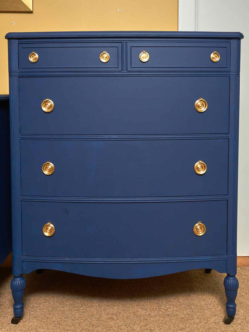 'Delphinium Blue' Finish 5 Drawer Chest with Brass Pulls & Casters