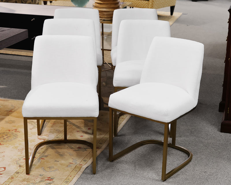 Set of 6 RH Emery Curved-Back Fabric Dining Chairs in White & Burnished Brass